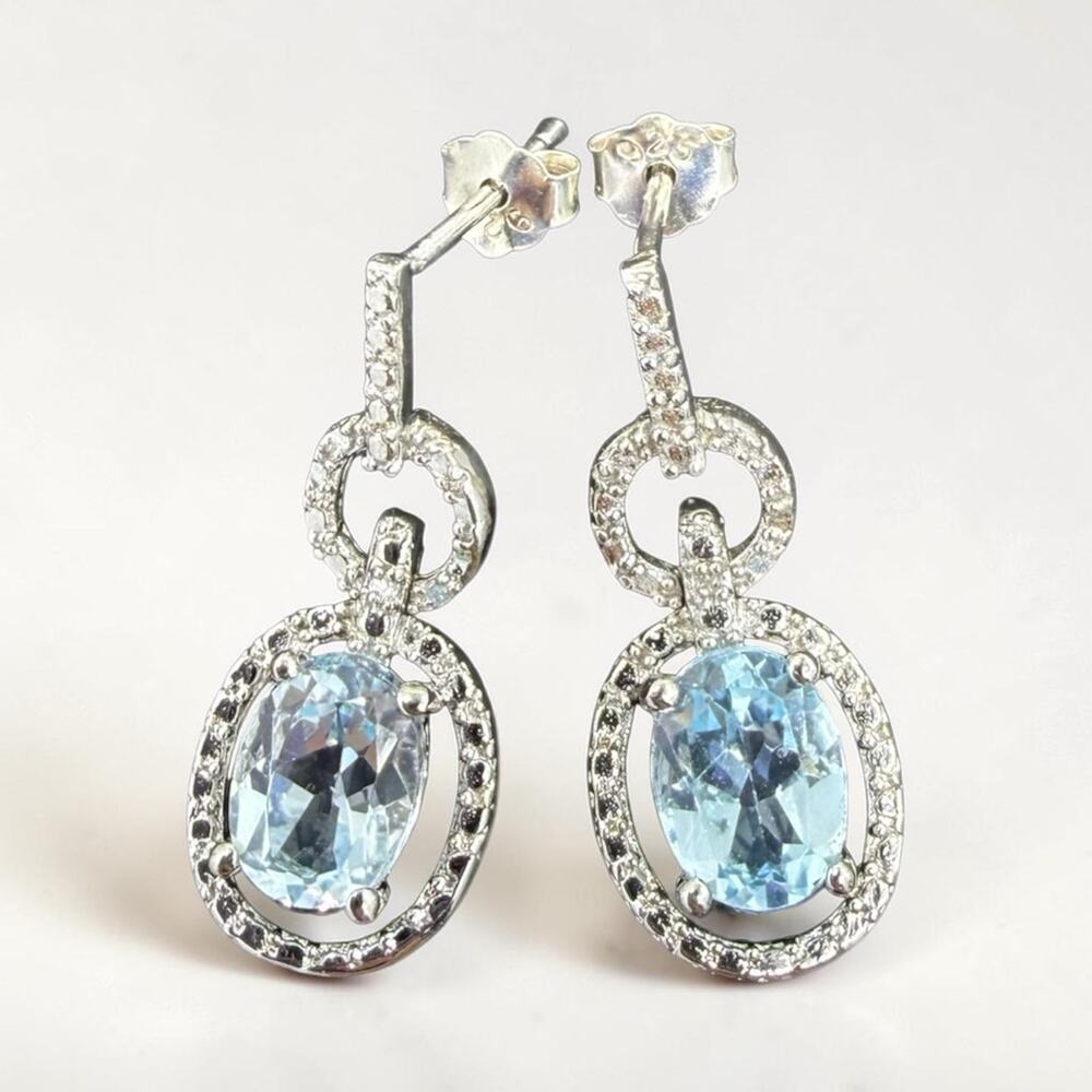 2.83ct Blue Topaz Diamond Dangle Earrings 925 Sterling Silver - NEW